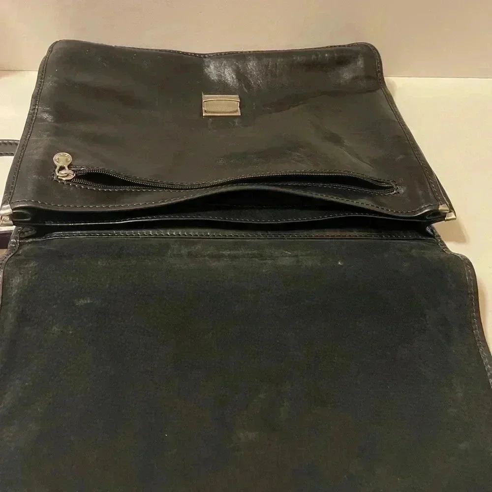 Vintage Hebella black Italian Leather gold Clasp Front Across Body laptop bag